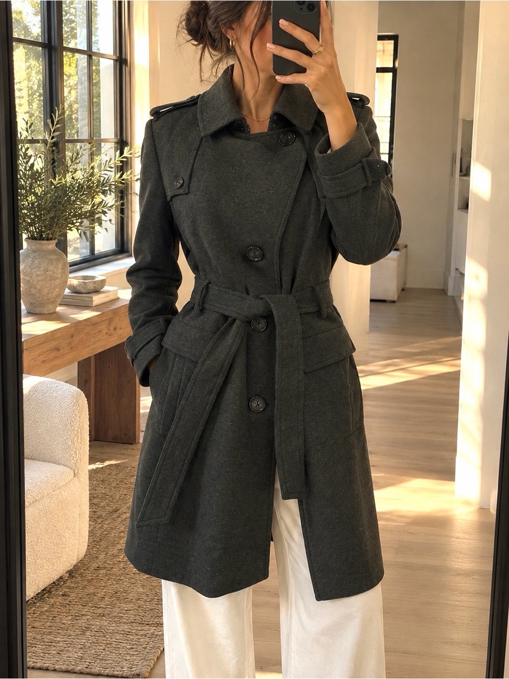 $275 Banana Republic Italian Wool Long Trench Coat Dark Moss Green L